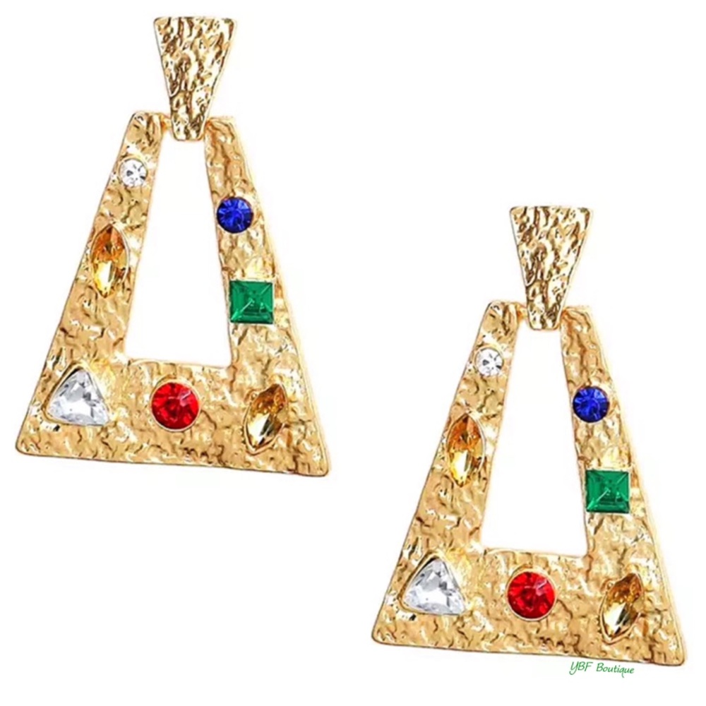 New Gold Red Blue Multicolor Rhinestone Textured Post Statement Earrings - Picture 2 of 5